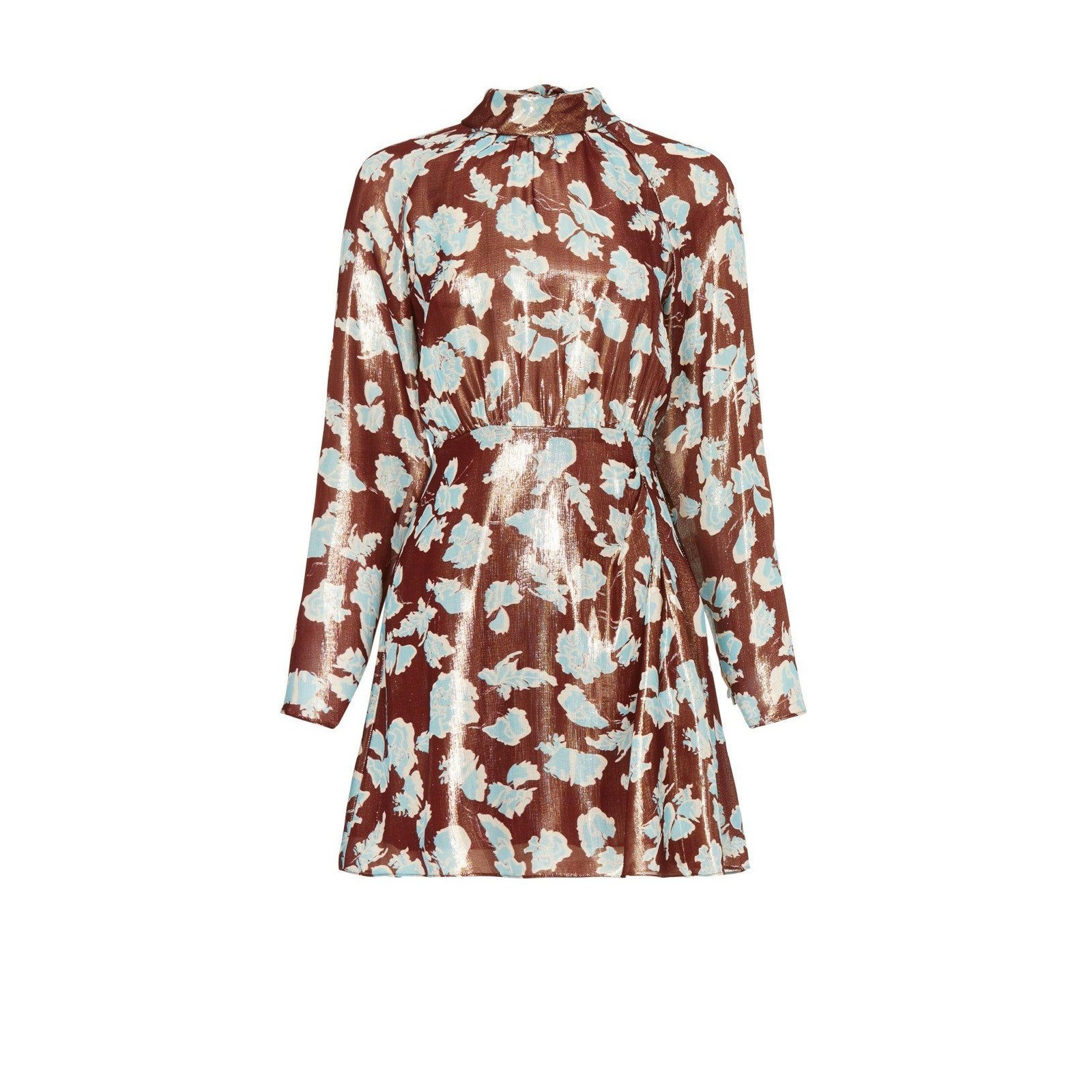 Tanya Taylor Hannah Floral Silk Lamé Mini Dress Lurex Floral Mock Neck Bow Back