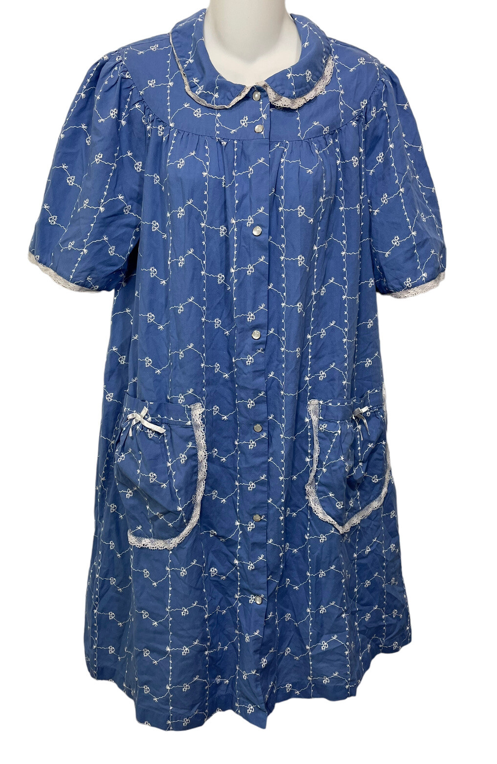Vintage Smock Dress Size Medium Blue Floral Lace Pearl Snaps House Coat BLAIR M