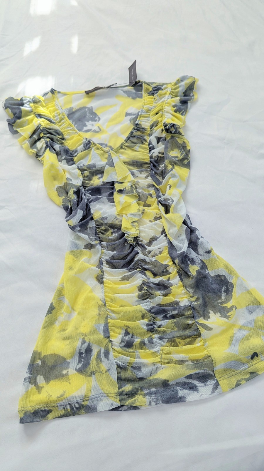The Limited Yellow Gray White Floral Ruched Ruffle Mesh Bodycon Mini Dress S