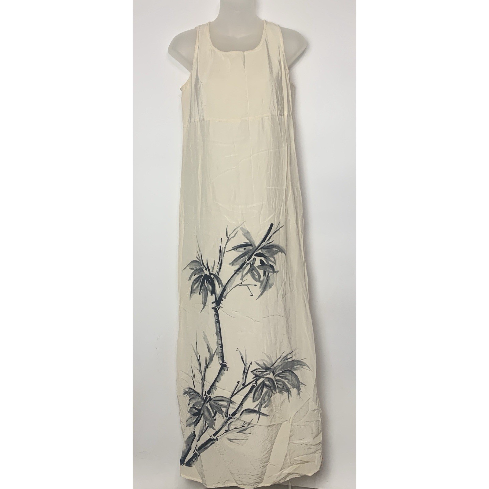 VTG Diane Gilman 100% Silk Maxi Tank Dress Beige Bamboo Print Sleeveless Size S
