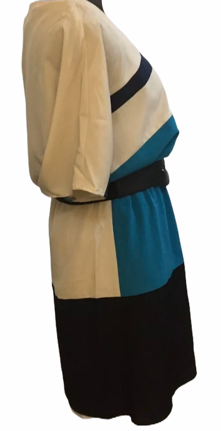 Womens Worthington Black Tan Teal Short Sleeve Belted Silky Blouson Dress Size 4