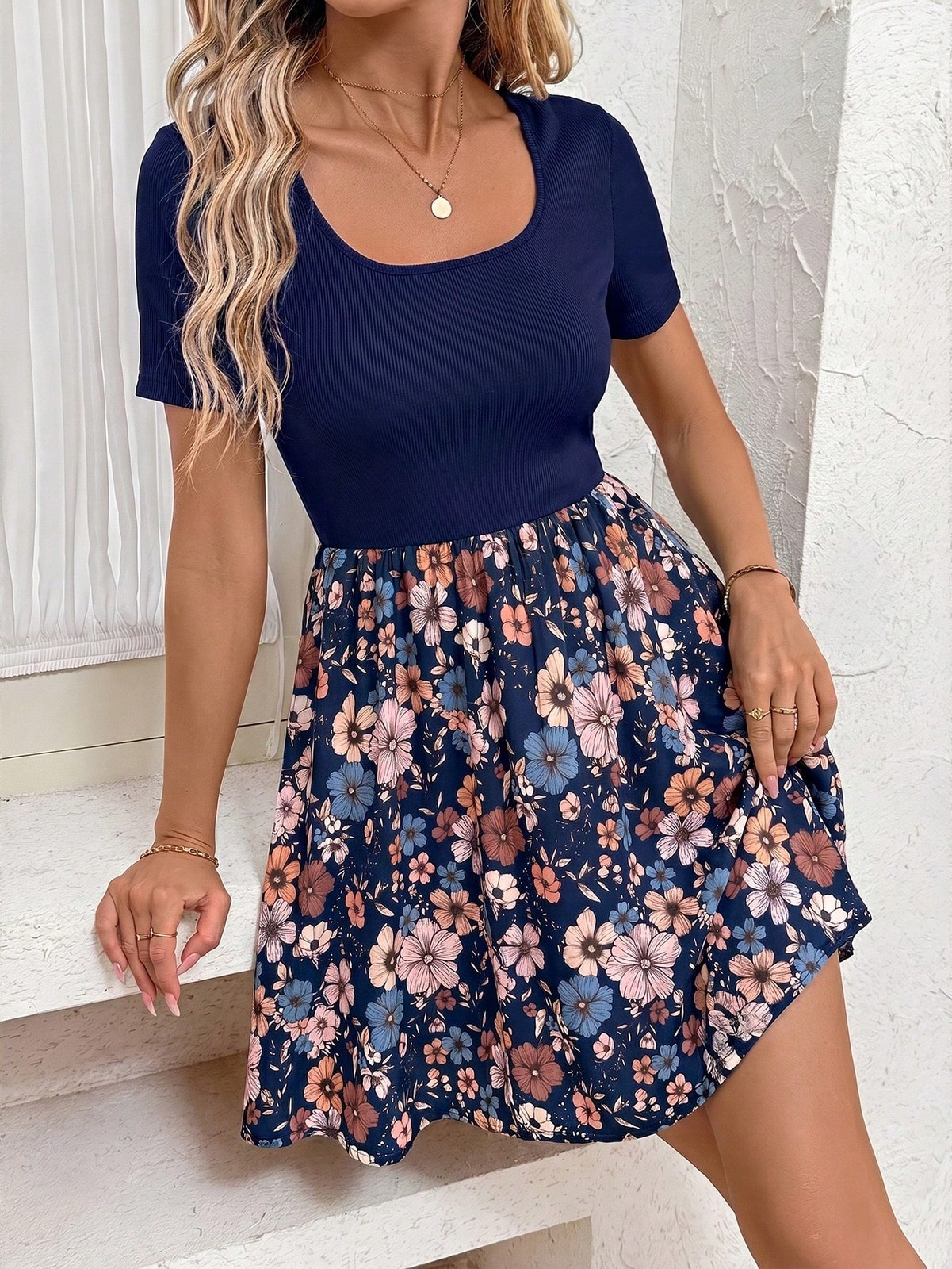 Clasi Womens Lemon Pattern Round Neck Short Sleeve Mini Dress