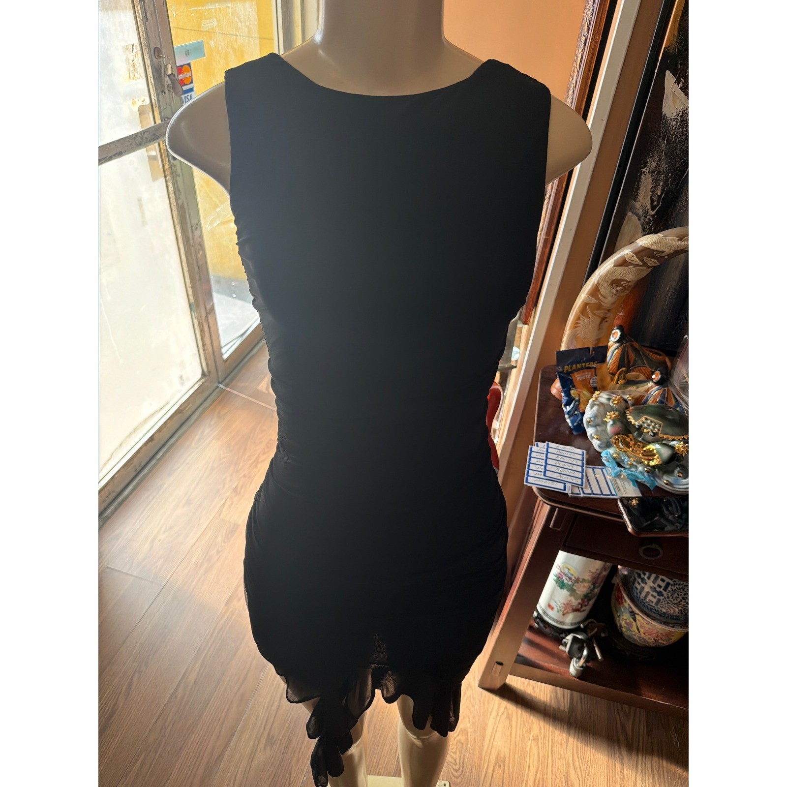 Black Sleeveless Ruched Bodycon Dress with Ruffle Mesh Hem Low Back Cocktail