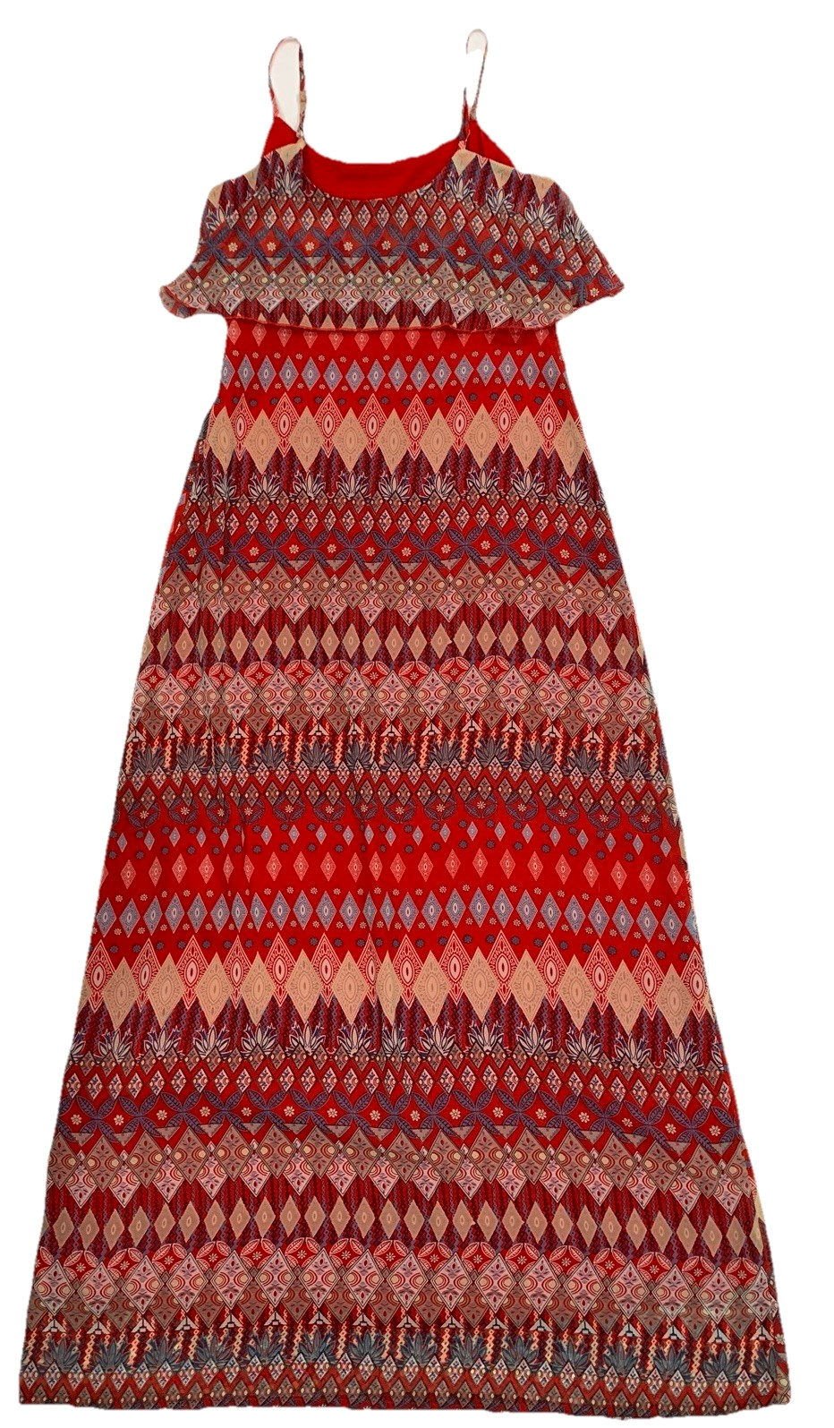Boho/Retro Strappy Sheer Lined Maxi Dress szS Ruffle Top Side Zip Geo Print