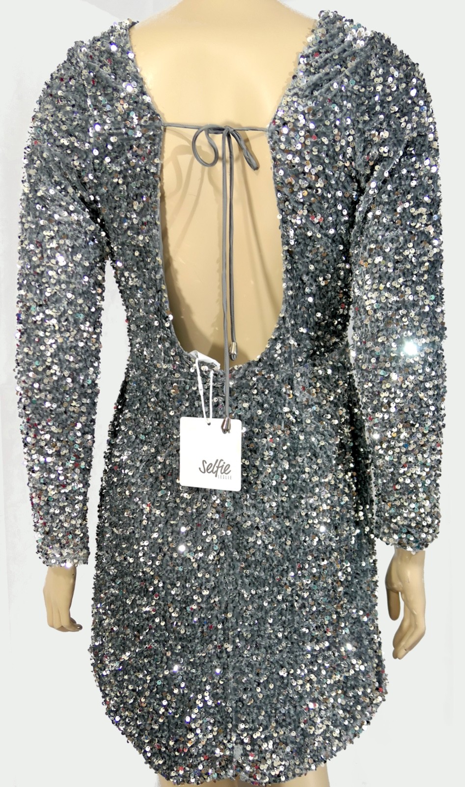 Selfie Leslie NWT Silver Sequin Short Dress Tie Back L