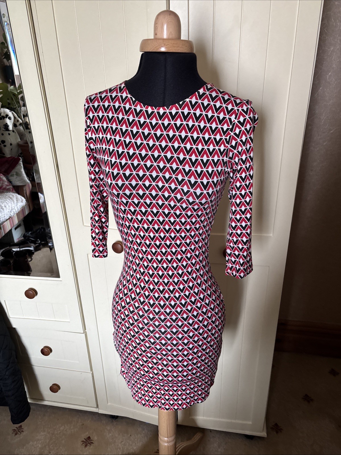 NEW LOOK Ladies Short Dress UK Size 6 Multicolour Tile Print 3/4 Sleeve Stretch