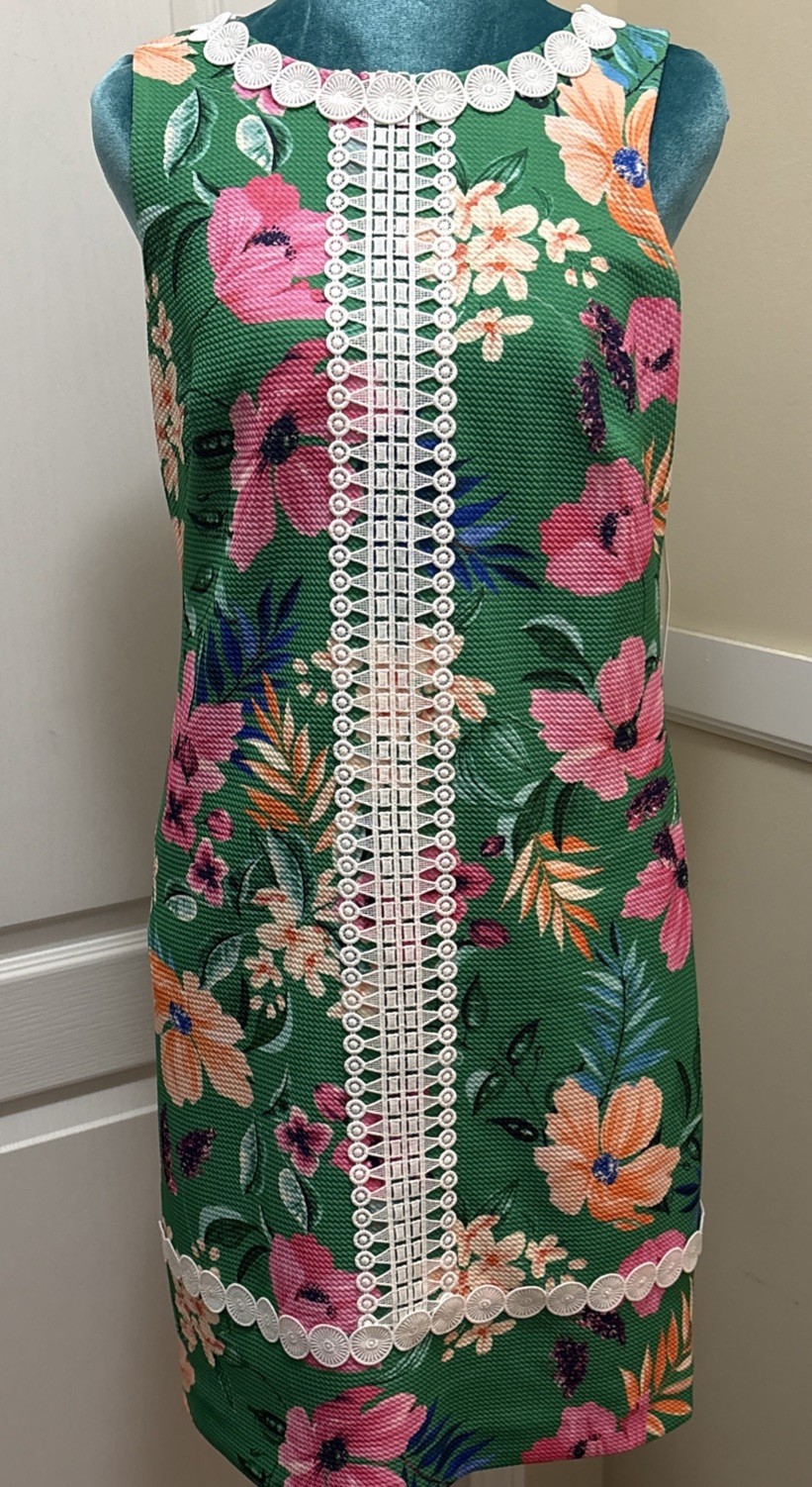 Eliza J Green Floral Shift Dress Round Neck Sleeveless Lace Trim Lined 4 NWT