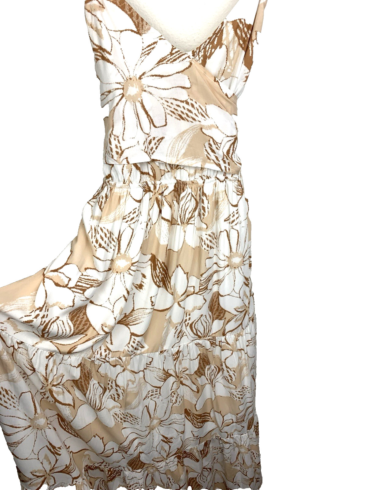 Promesa Tiered Maxi Dress Sundress M White Brown Floral Tie Back Crossover