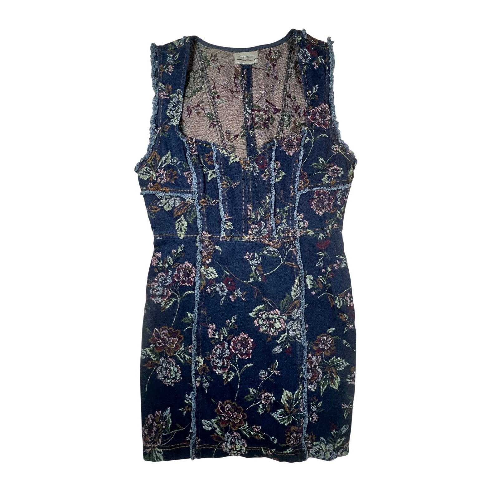 Urban Outfitters Floral Tapestry Mini Dress Navy Blue Corset Fringe L Coquette