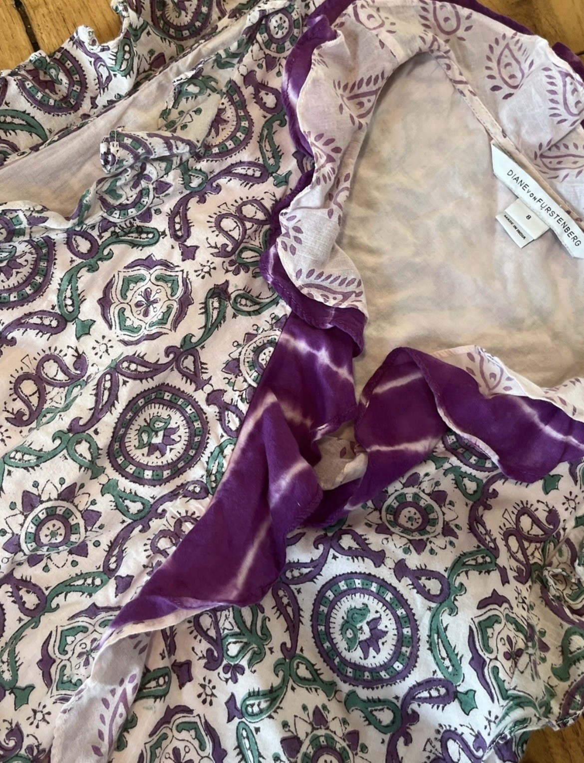 Diane Von Furstenberg Designer Judette Green Purple Mixe Ruffle Wrap Midi Dress