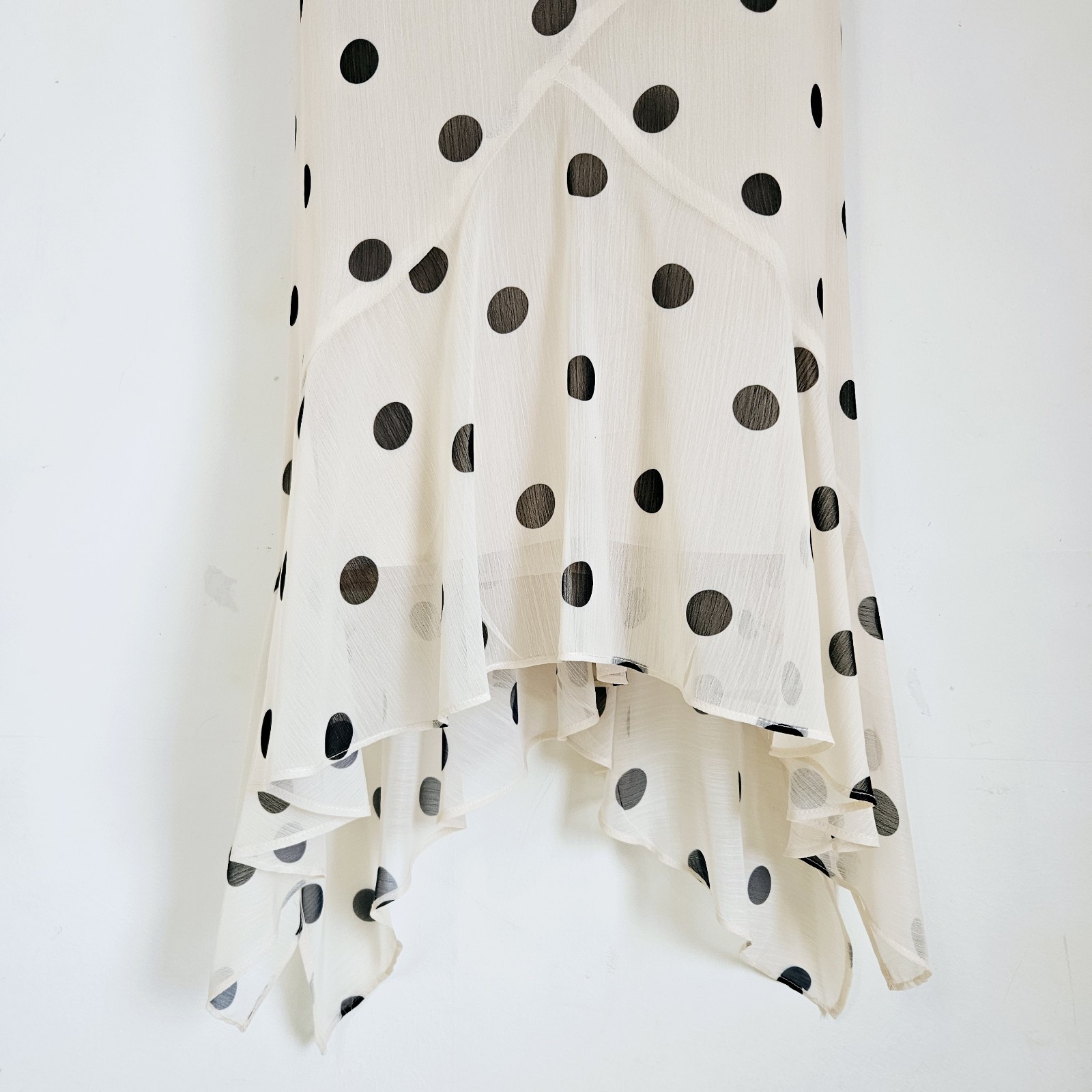 NEW ROMAN 12-24 Polka Dot Spotted Chiffon Beige Black Asymmetric Midi Tea Dress