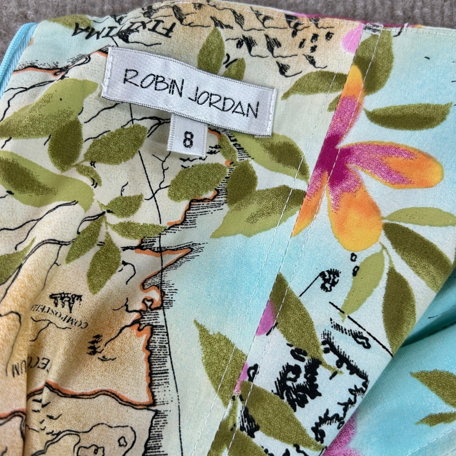 Robin Jordan Strapless Floral Map Print Dress Blue Size 8 Cotton Spandex Travel