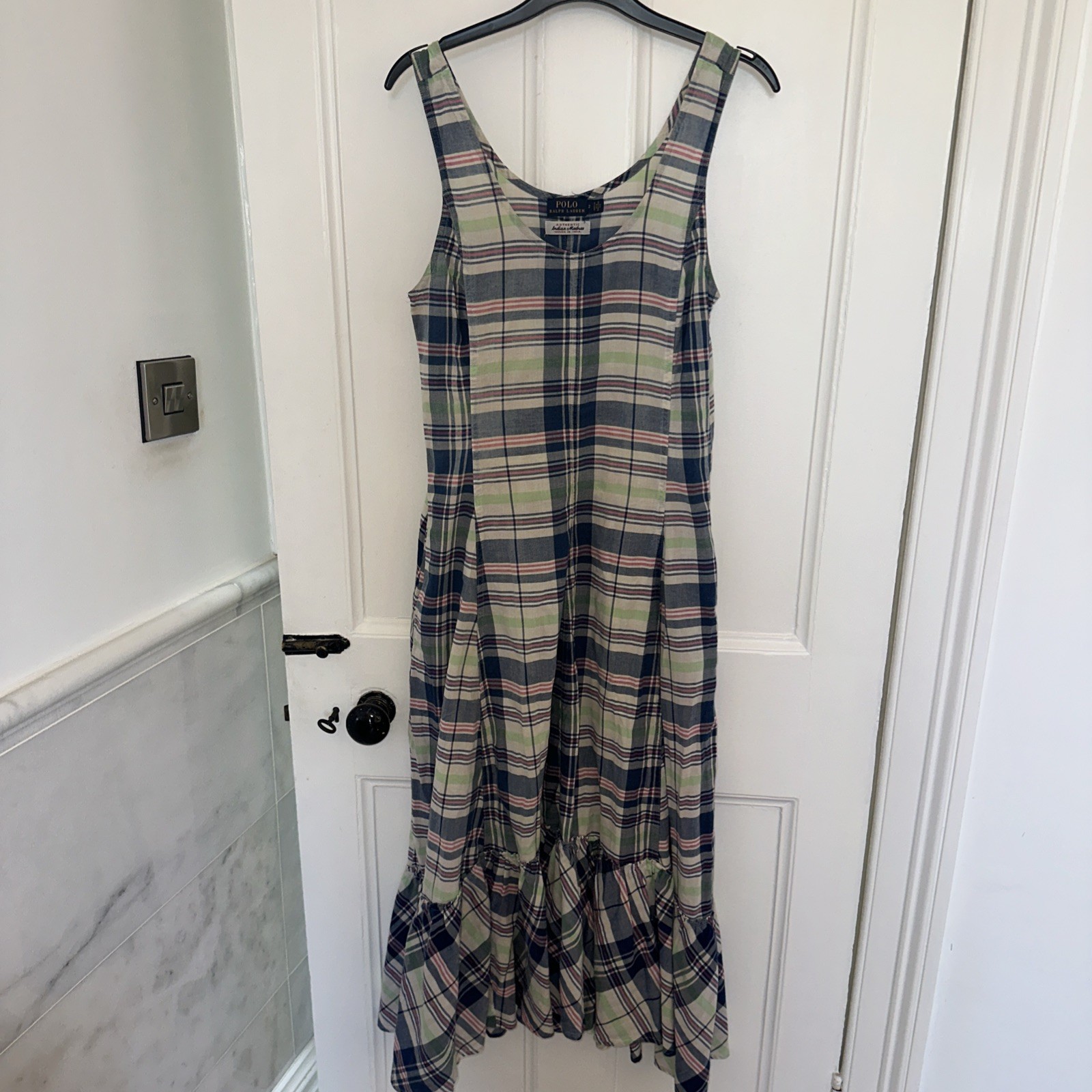Polo Ralph Lauren Maxi Dress Indian Madras Plaid Pockets Prairie Size US2 UK 6