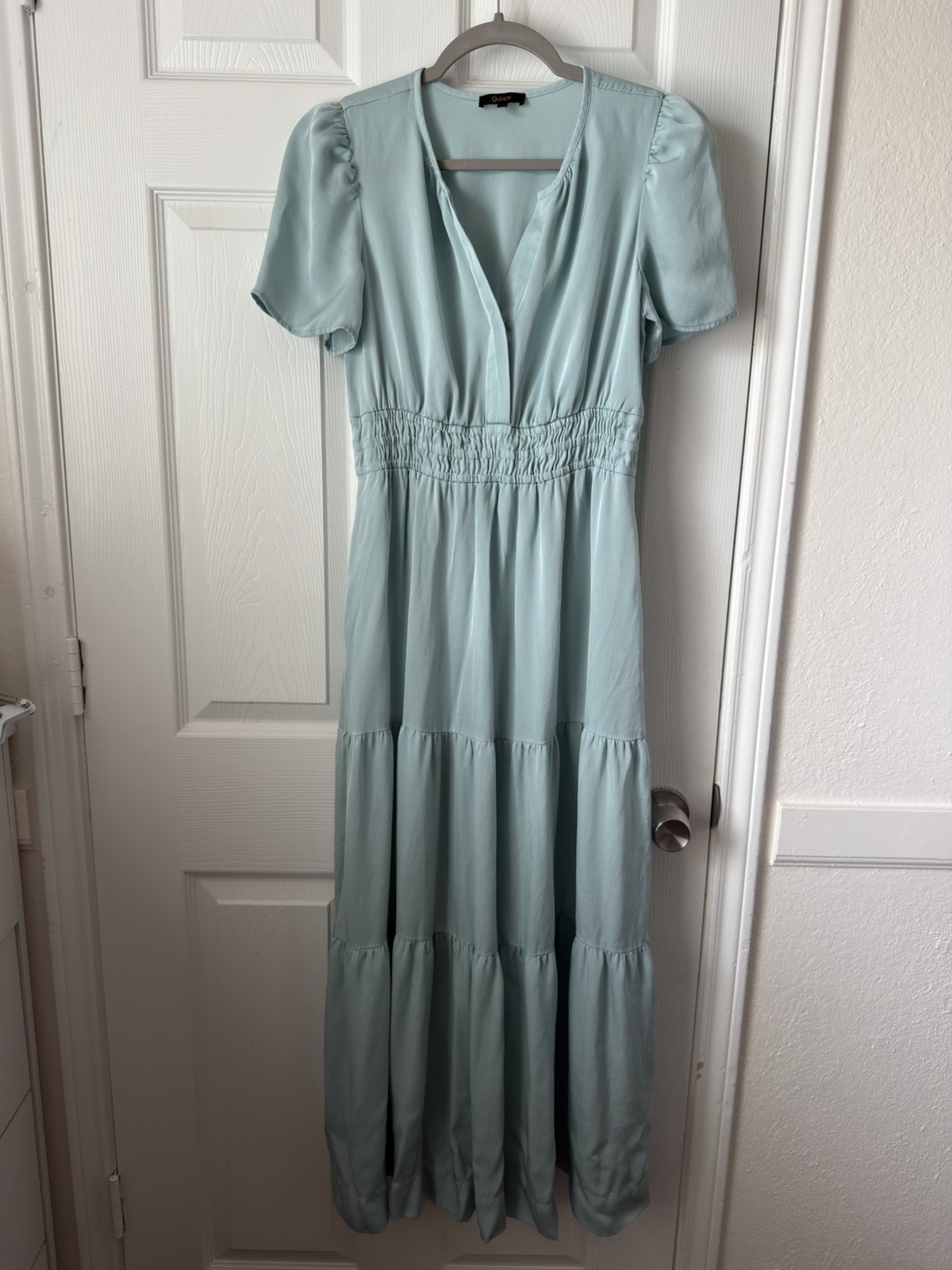 Quince Washable Stretch Silk Tiered Maxi Dress Aqua Pearl XS Puff Sleeve