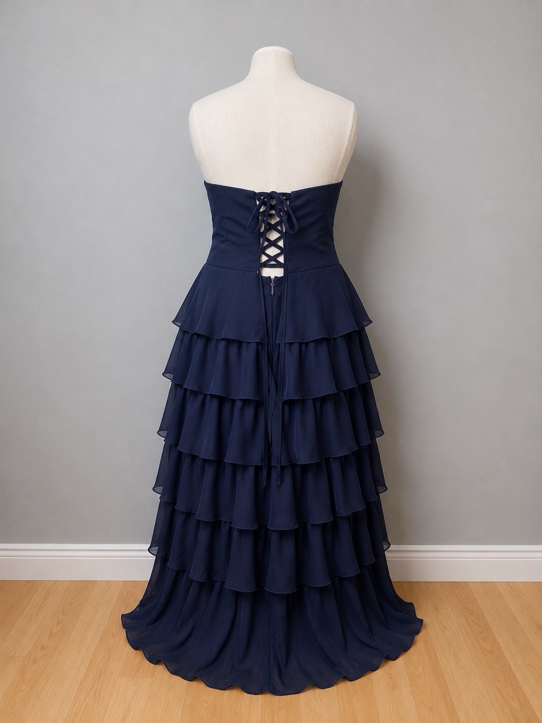 #22-13 Navy Chiffon Sweetheart Strapless Dress Lace-Up Corset Slit Ruffle 26