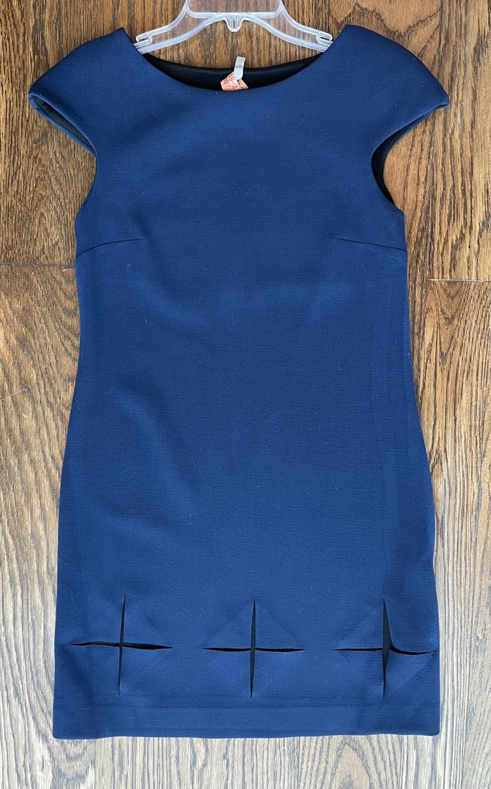 Cop Copine navy sheath dress Sz 36 (S) X cutouts at hem Fresh dry clean