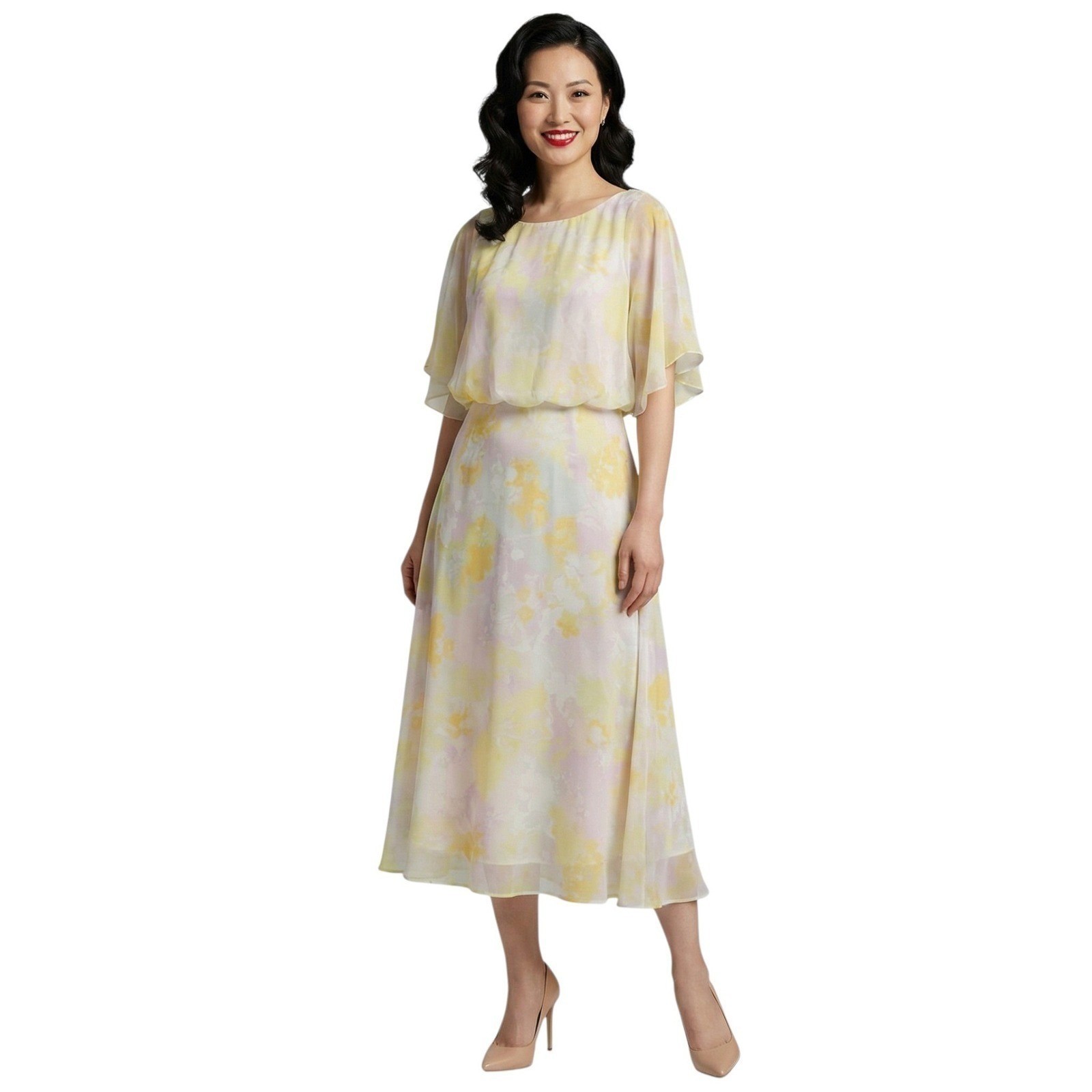 ModCloth Floral Watercolor Capelet Midi Dress Yellow Lavender Chiffon Size M