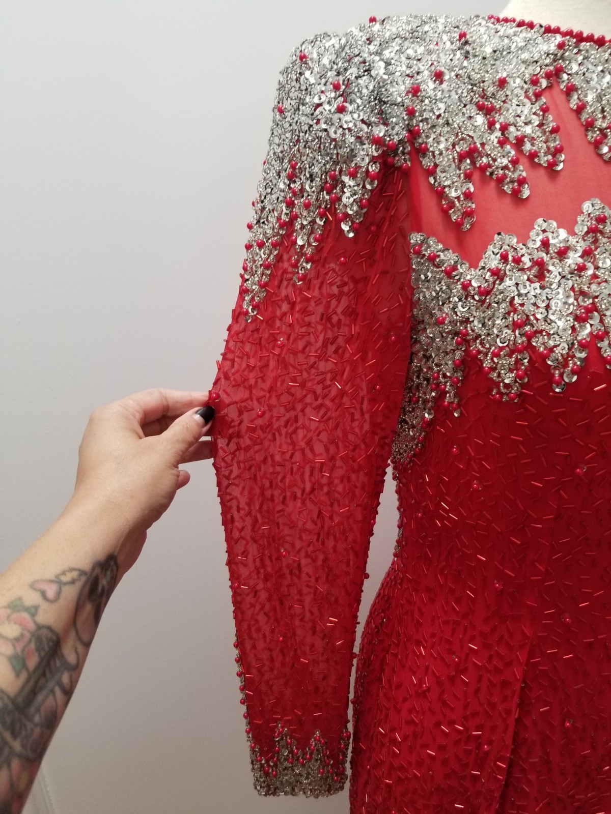 Red and silver beaded and Sequined long sleeve cocktail dress