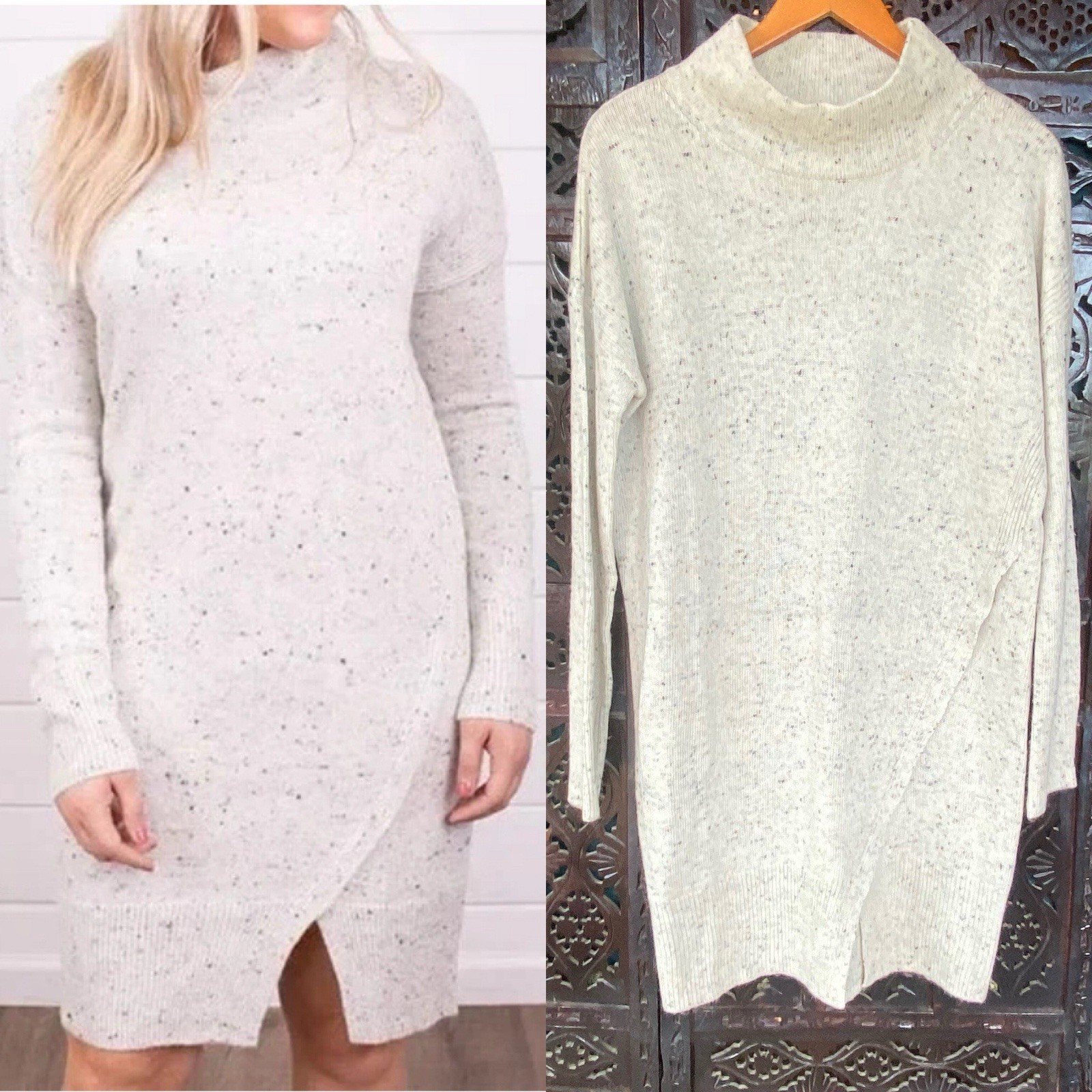 LoveStitch Neutral Minimalist Sweater Dress Womens L Speckle Ivory Angora Blend