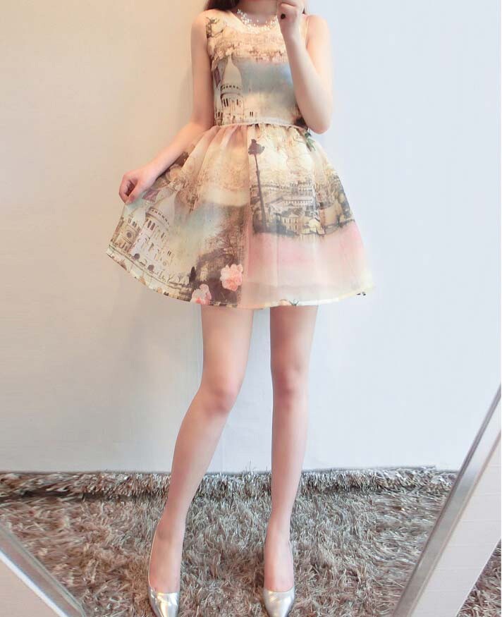 Fashion Irregular 3D Printing Random Crop Organza Dress
