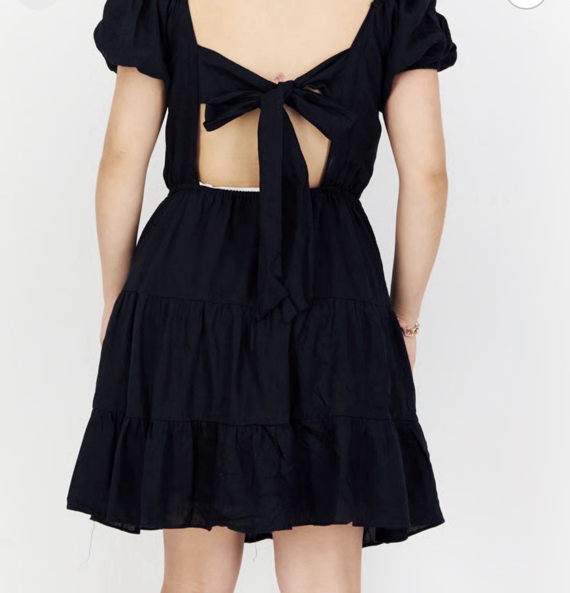 CeCe Blue Linen Rayon Solid Square Neck Open Back Tiered Mini Dress Women’s L