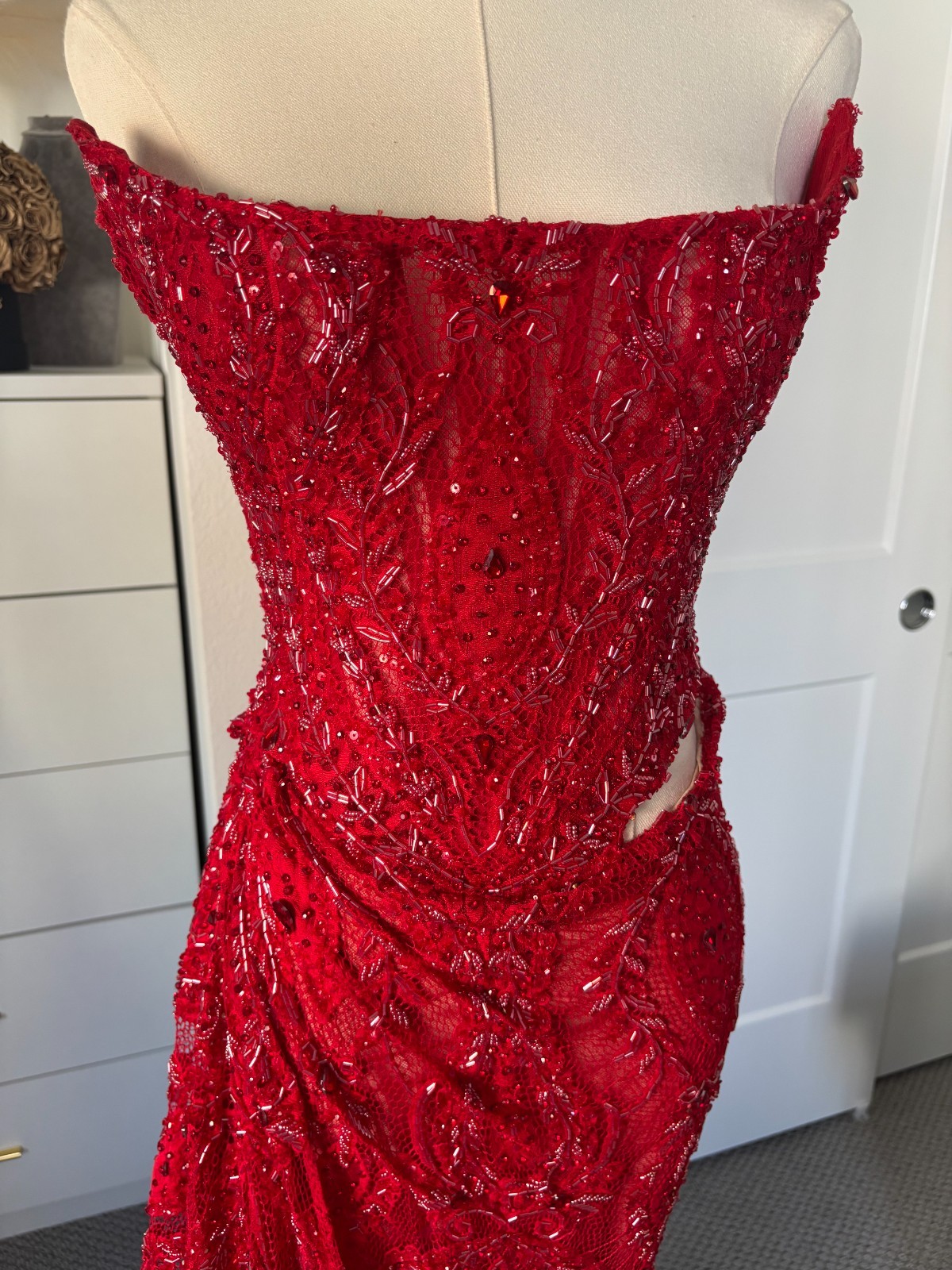 H A N A Custom Made High End Red Sequin Strapless Corset Gown Front Side Slit
