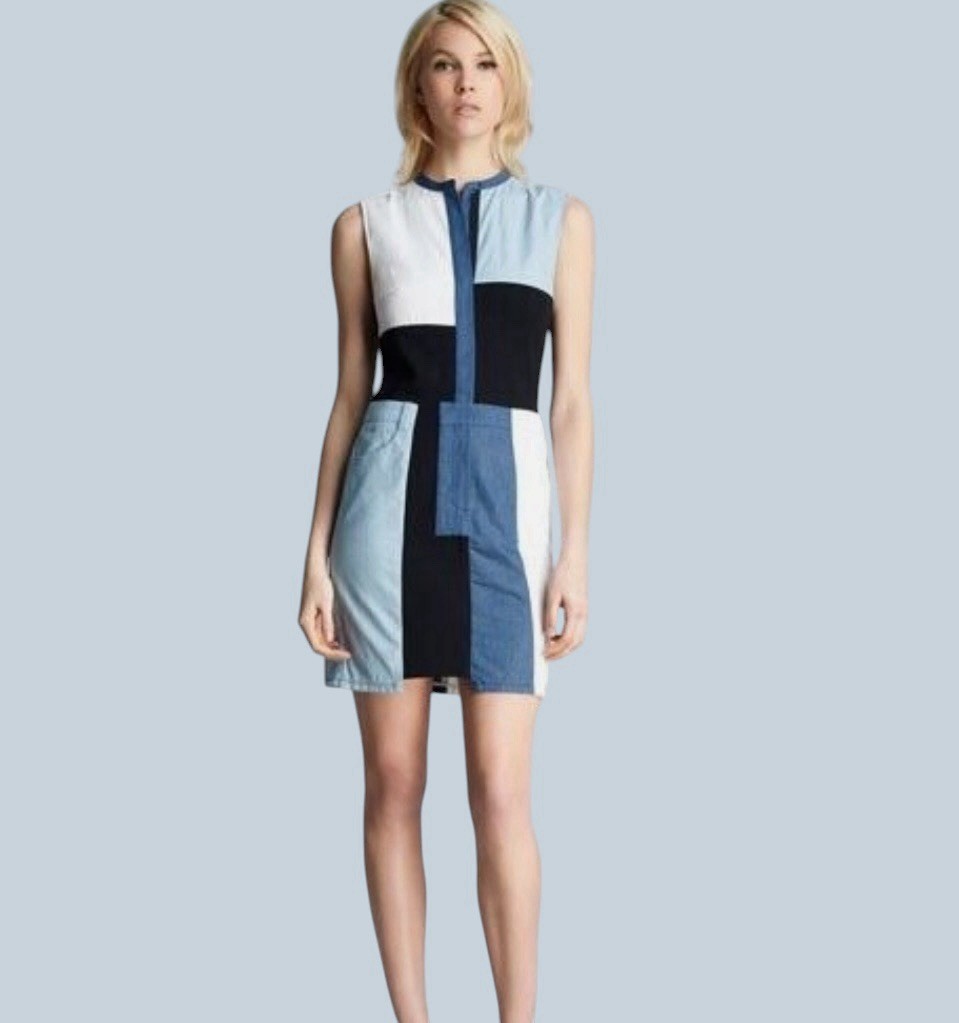 3.1 Phillip Lim Patchwork Chambray Denim Pocket Mini Dress Size 10 MSRP $695