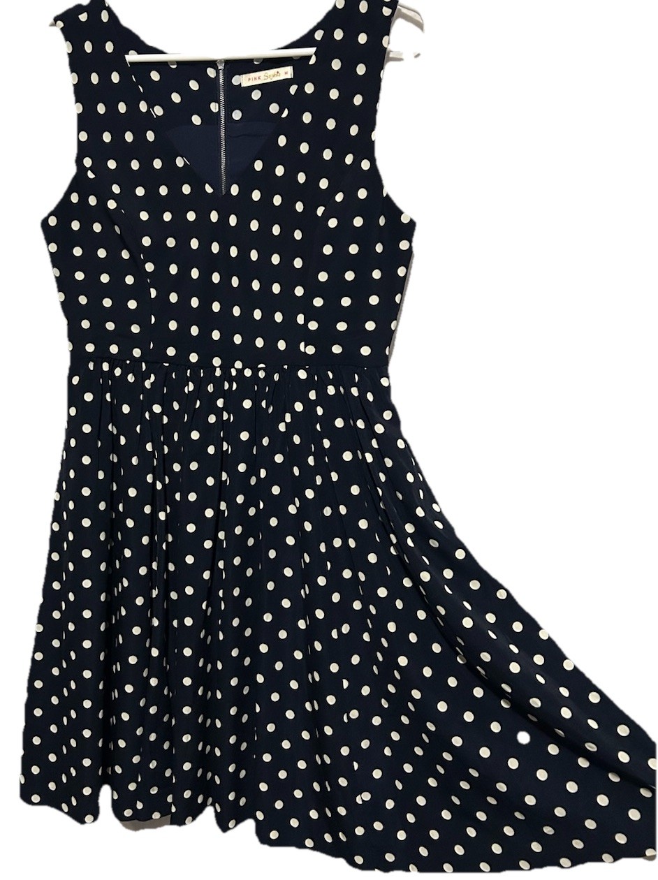 Sophie Dress M Navy Blue White Fit & Flare Polka Dot Pockets Sleeveless Sundress