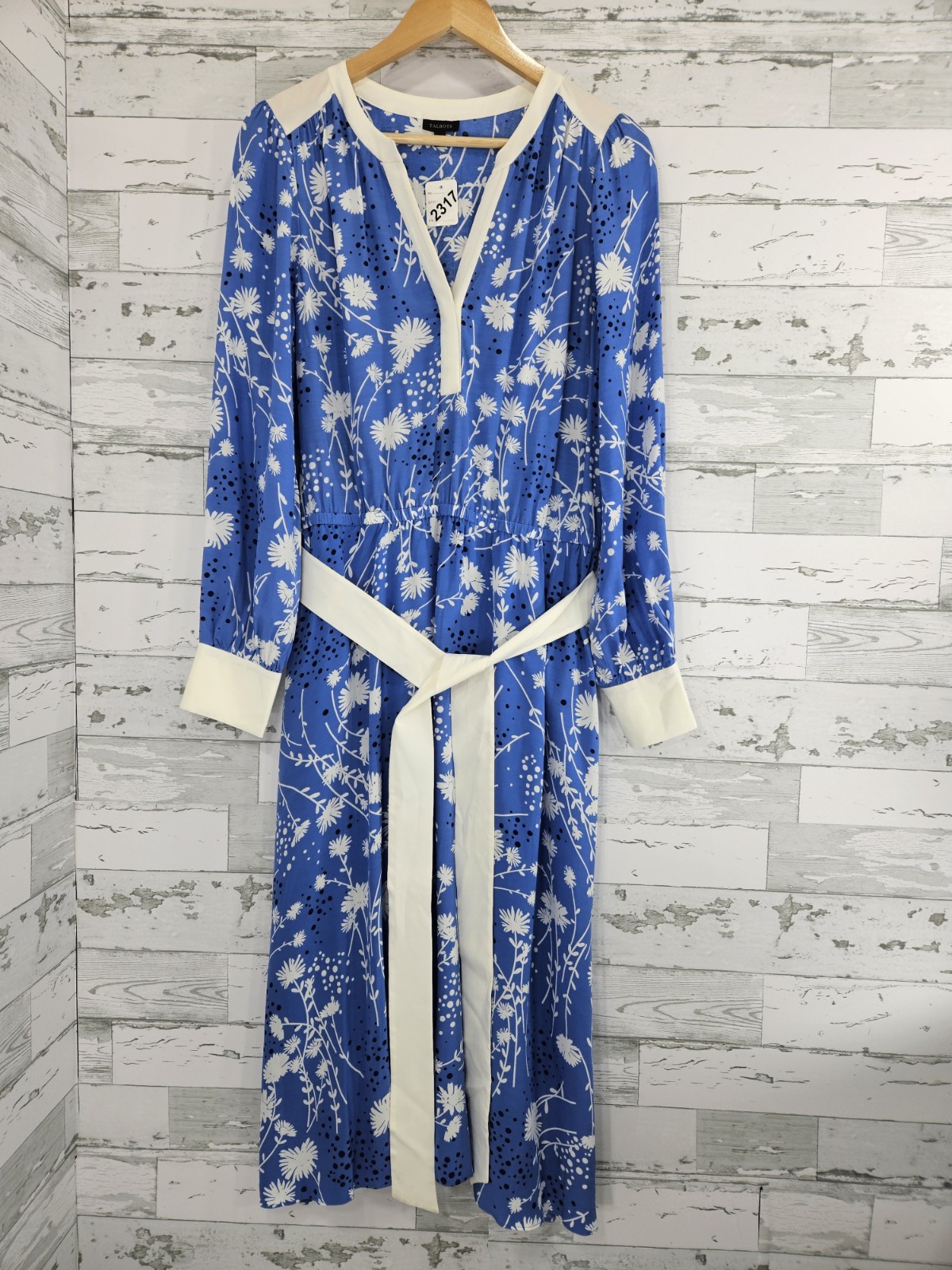 Talbots Fit & Flare Blue Floral Shirtdress Long Sleeves Split Neck Womens Large