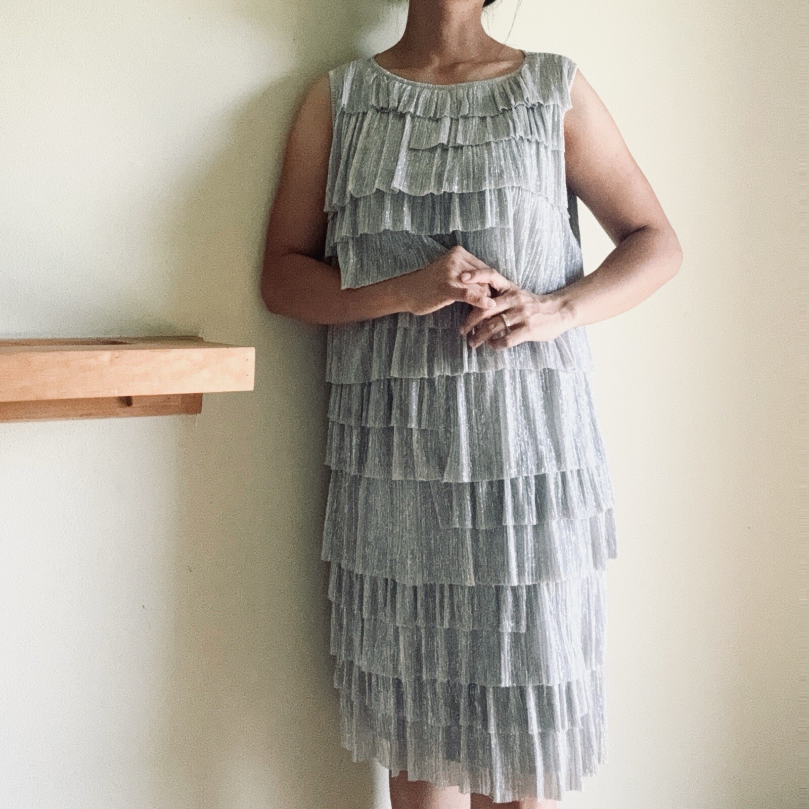 EUC SILVER METALLIC THREAD PLEATED RUFFLE DRESS SIZE 14 US 6 8 VINTAGE DESIGNER
