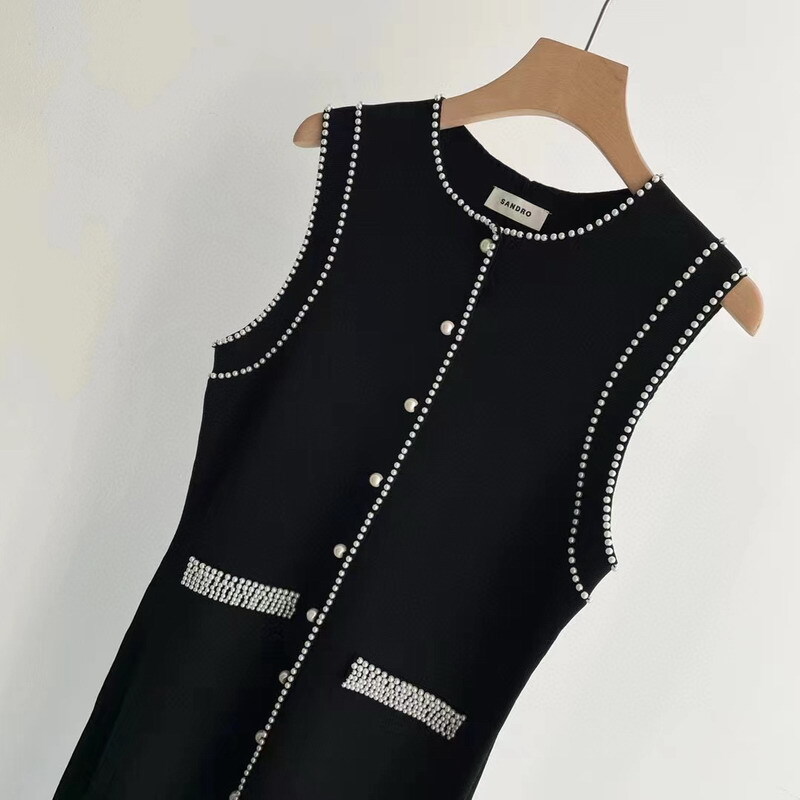 Sandro Color contrast Round neck Pearl edge sleeveless Slim-fit Knit Dress