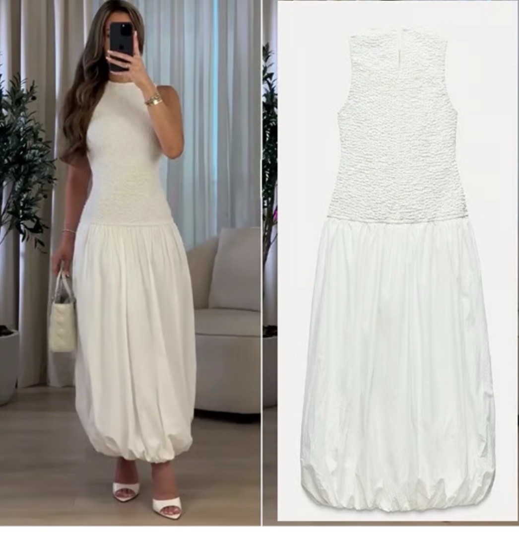 ZARA Poplin Balloon Oyster White Maxi Dress ~ Size: Small
