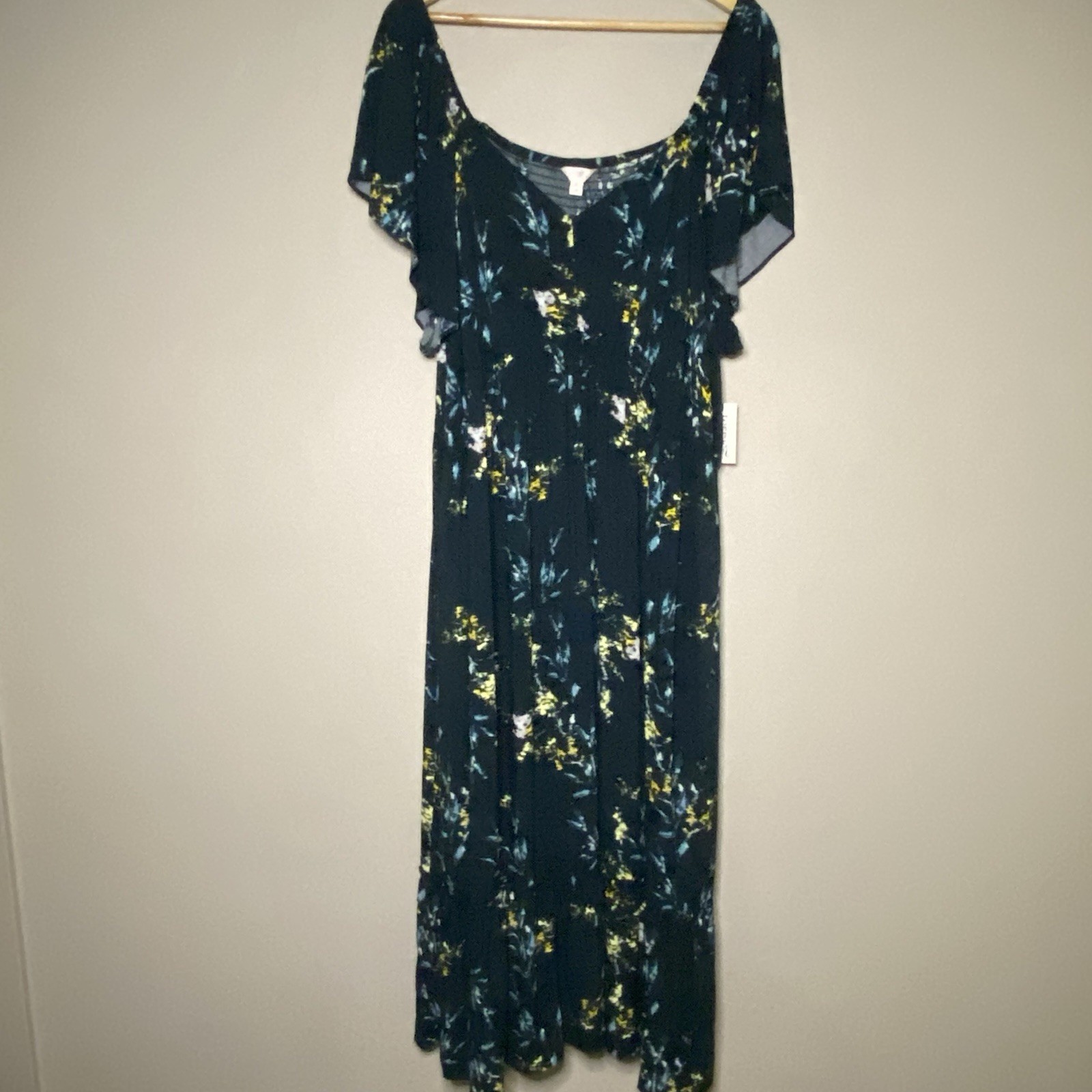 Terra & Sky Midi Dress Size 3X 24W-26W Green Gold Smocked Flutter Sleeve New