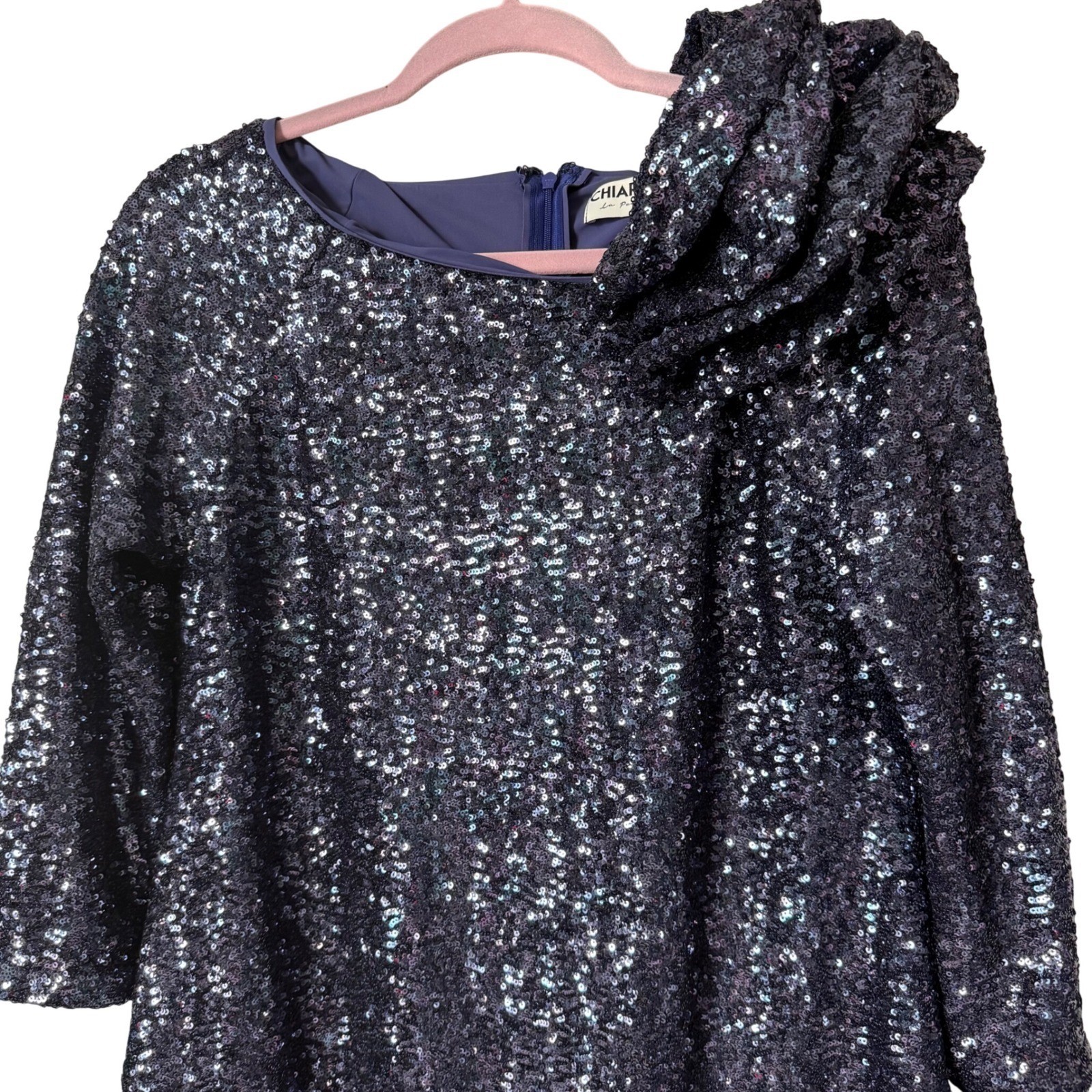 Chiara Boni La Petite Robe Sequin Ruffle Shoulder Dress Navy | IT 46 (US 10) NWT