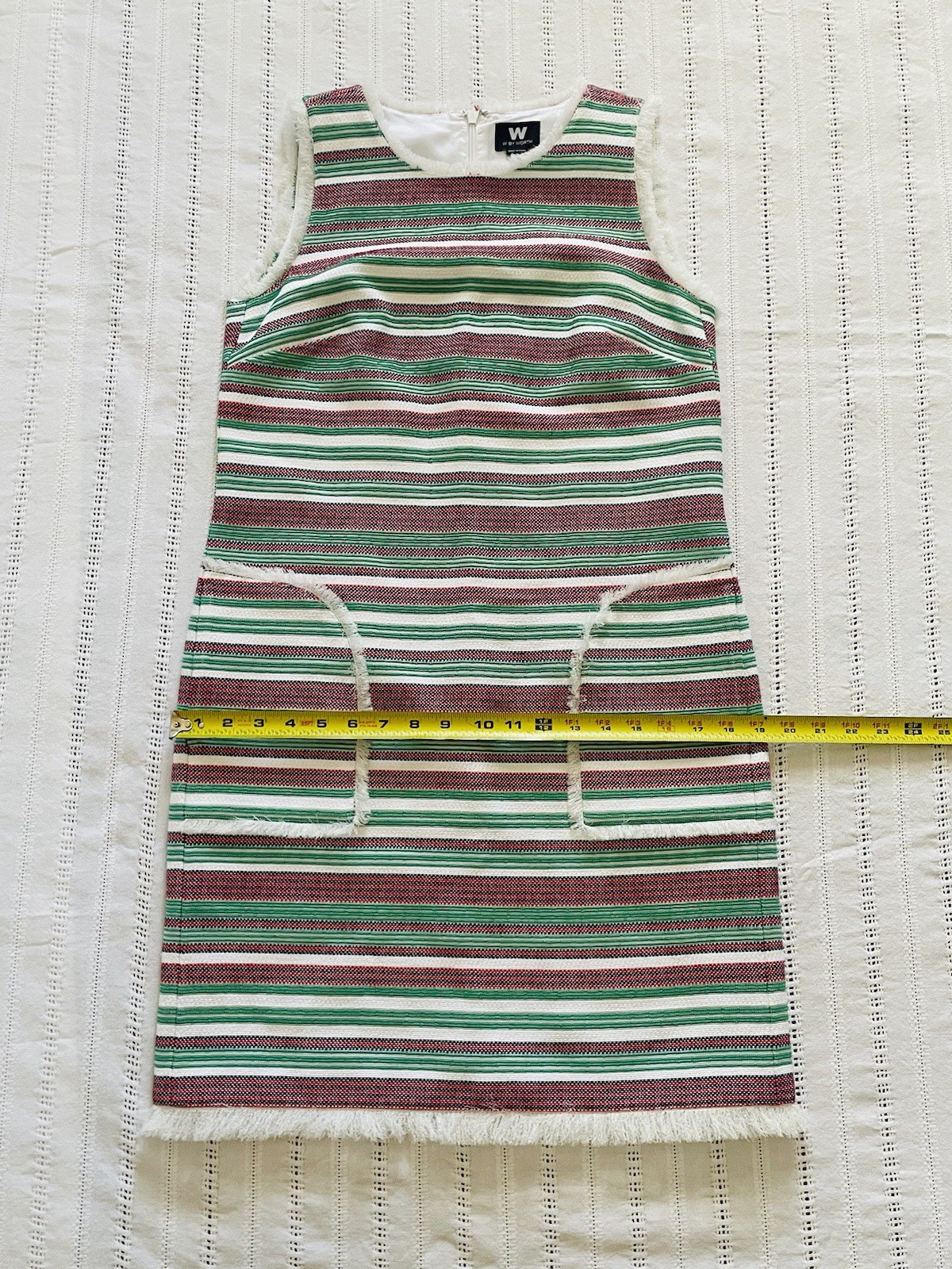 W By Worth Red, Green, White, Navy Fringe Sheath Dress. Size 2. Holiday. Luxury