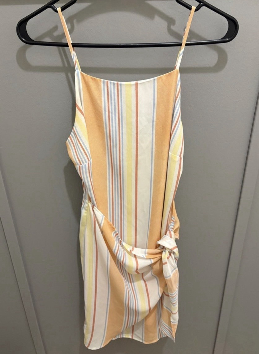 Altar’d State Women’s Makennah Striped Strappy Tie Front Square Neck Dress Zip S