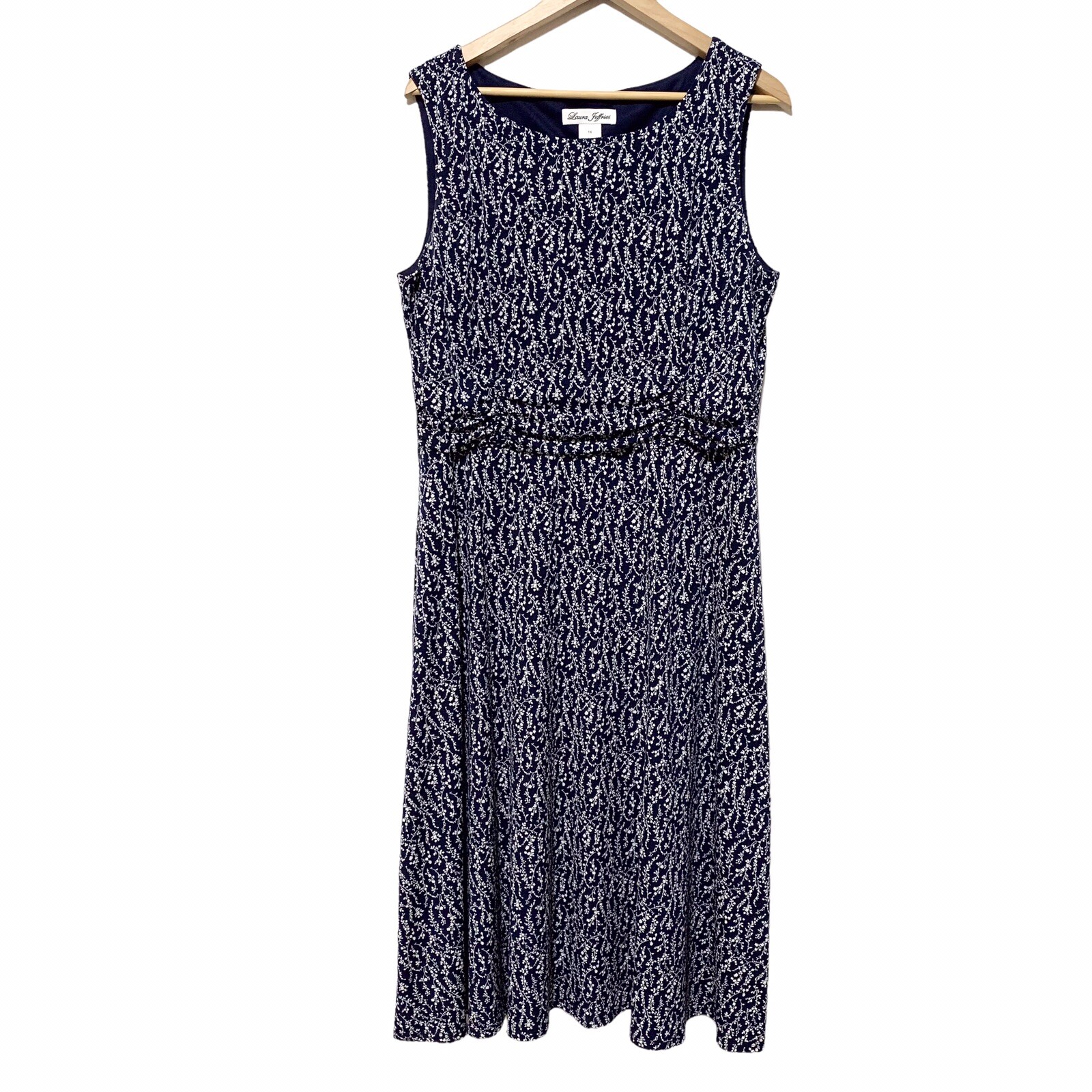 Laura Jeffries Dress Size 14 Navy White Print Sleeveless Midi Dress