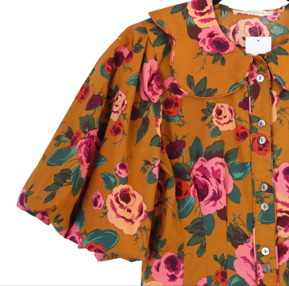 NWT Olivaceous PLEATED PUFF SLEEVE DRESS Mustard/Pink Floral SCALLOP COLLAR sz M