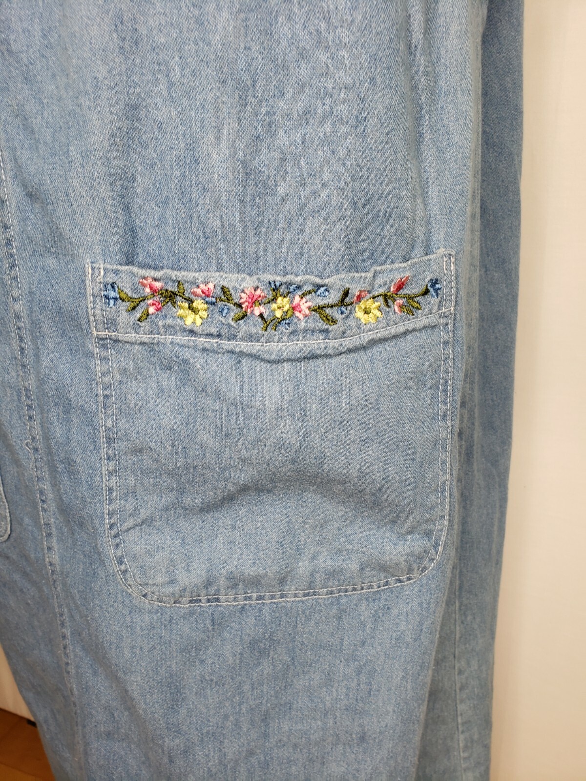 Vintage Capacity Bib Dress Medium Pockets Embroidery Blue Denim Side Split