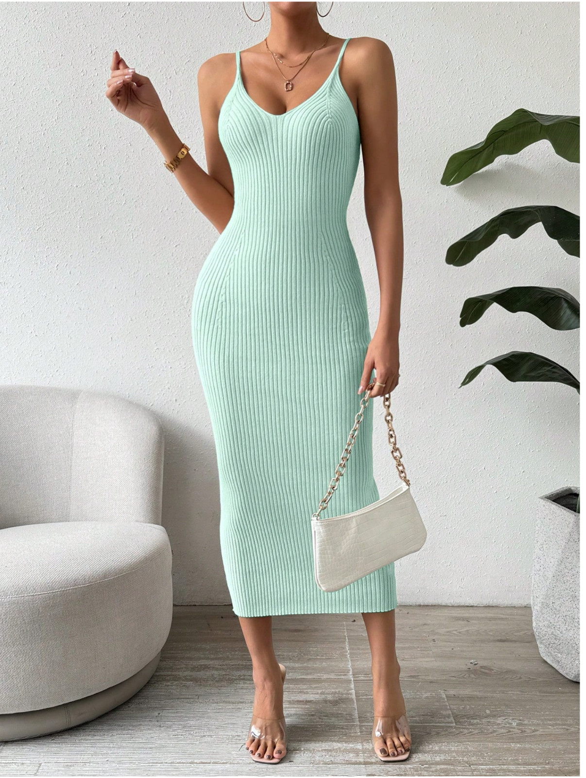 Mint Green Clasi Casual Solid Color Slim Fit Knit Tank Dress Sz S M L