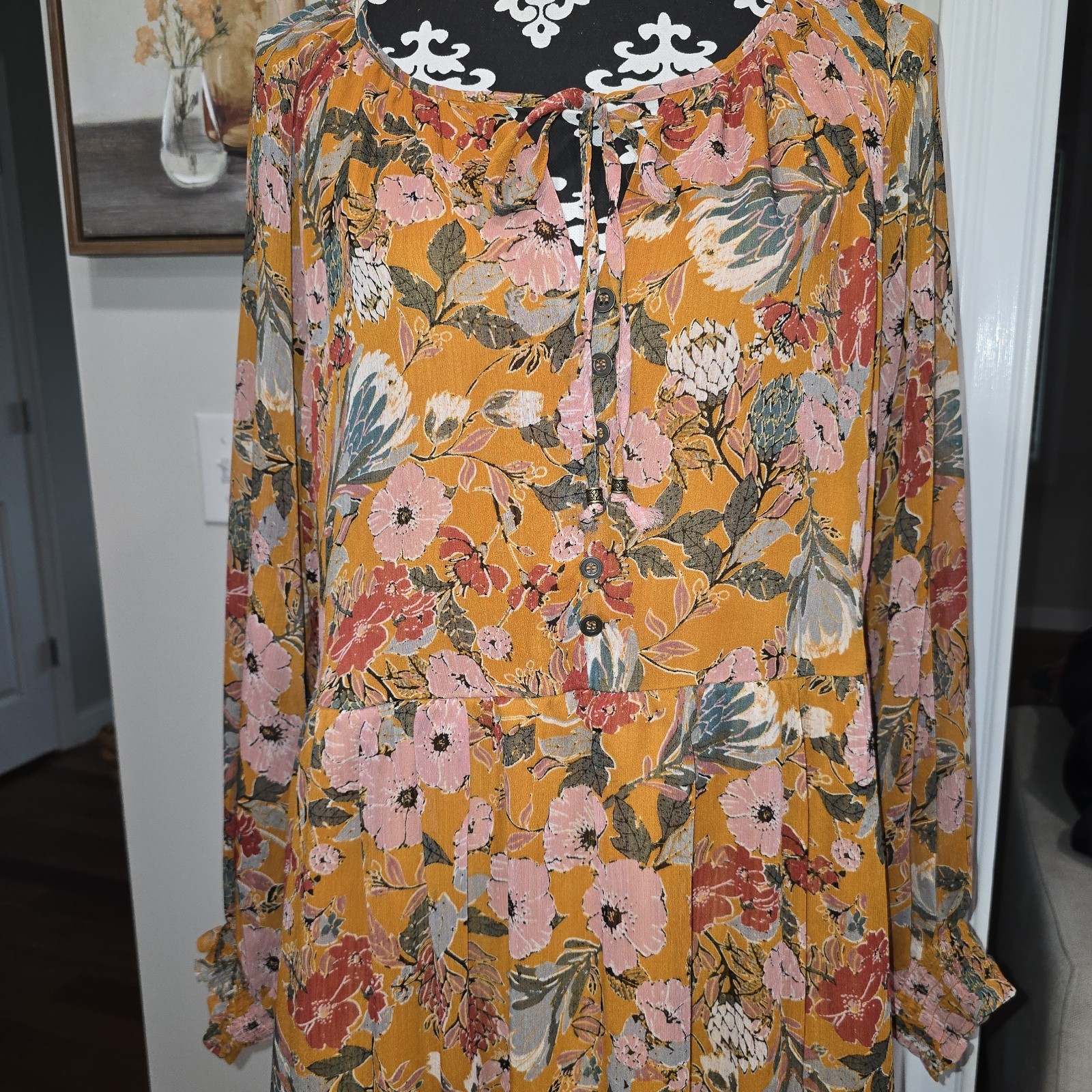 Kate And Sam Maxi Dress Orange Floral Sheer Sleeves Lined Sz L Feminine…