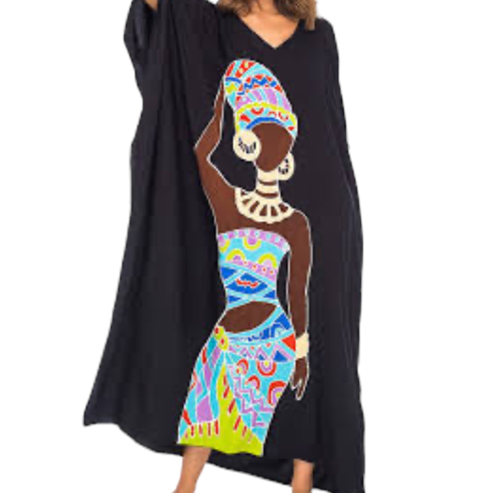 Seven Islands Muumuu Dress Caftan Kimono Black African Theme One Size M L XL XXL