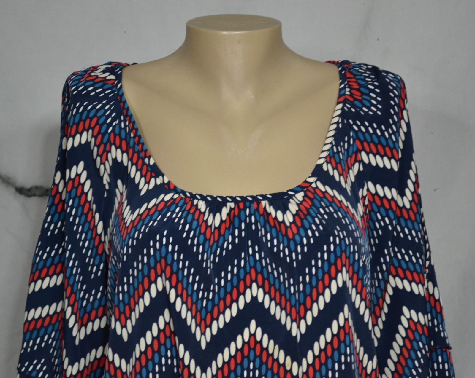 GLAM Black Beige Red Blue Oval Pattern Dress Medium 3/4 Split Flared Sleeves