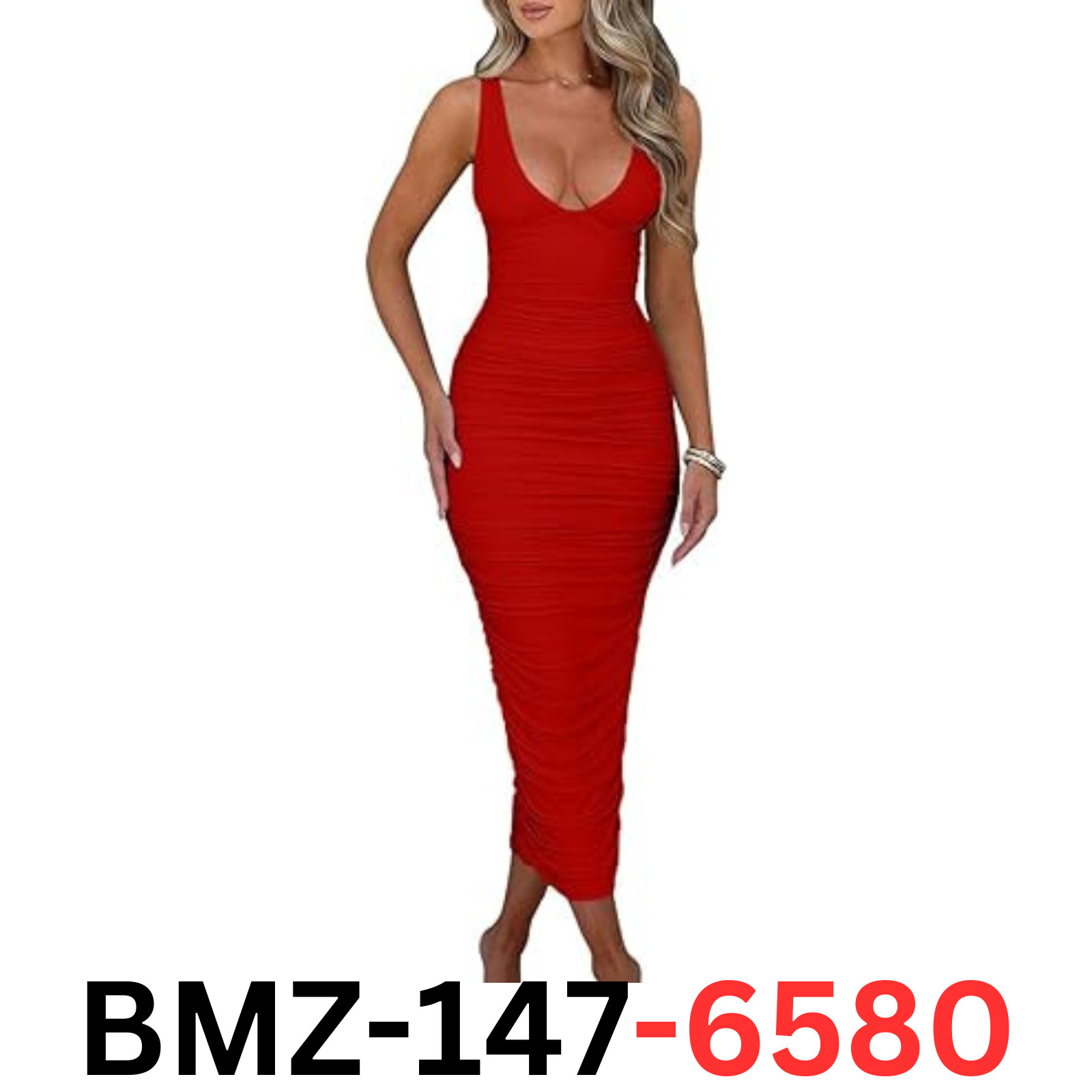 BEAGIMEG Women Sexy Ruched Sleeveless Deep V Elegant Cocktail Party Maxi Dress L