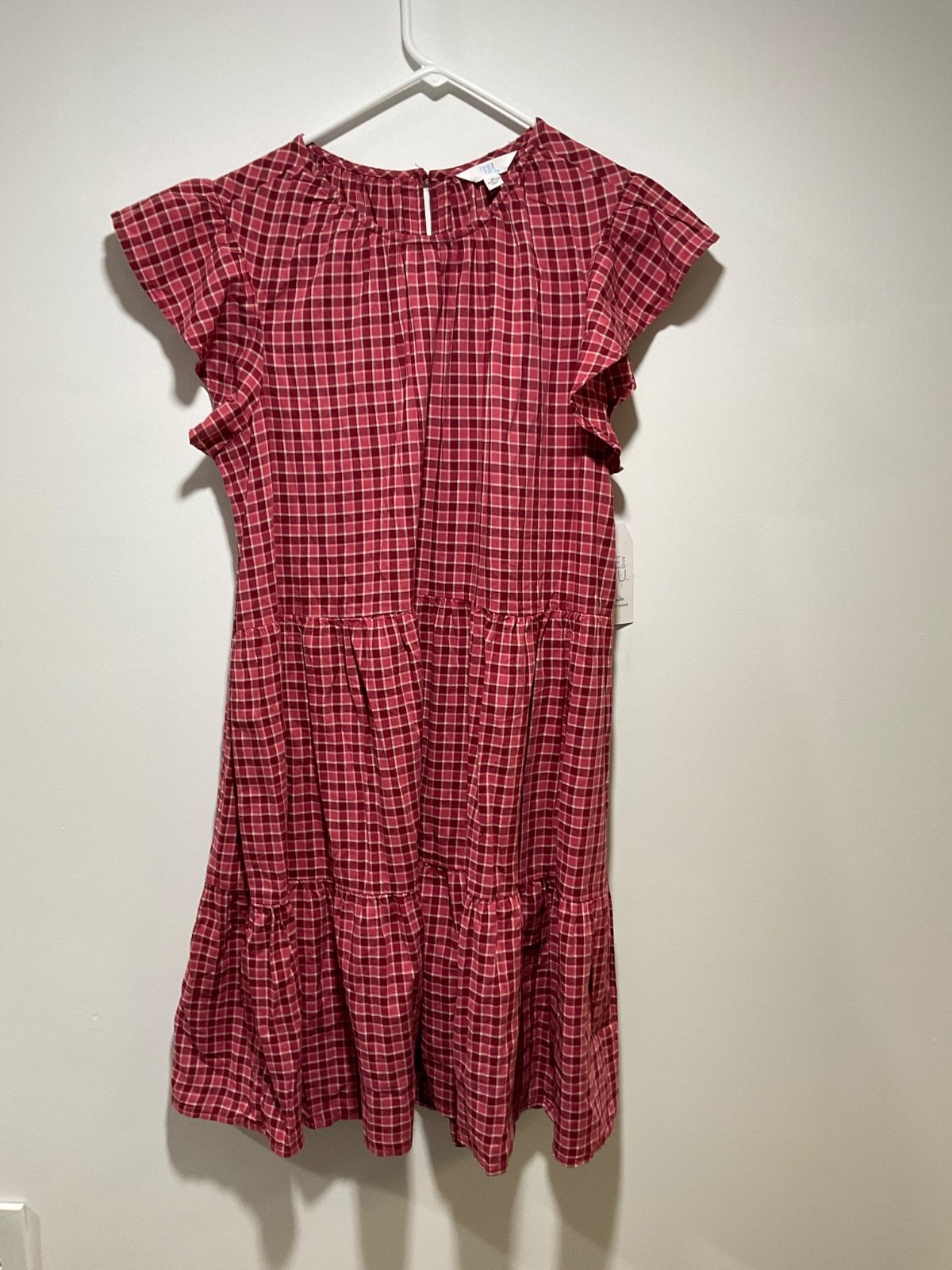 Time And Tru Dress Women’s XL 16-18 Red Plaid Flutter Sleeve Cottage Tiered NEW