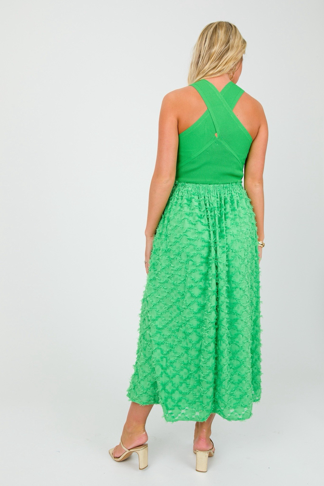 CURRENT AIR Green Apple Goddess Fringed Knit Halter Dress Sz M