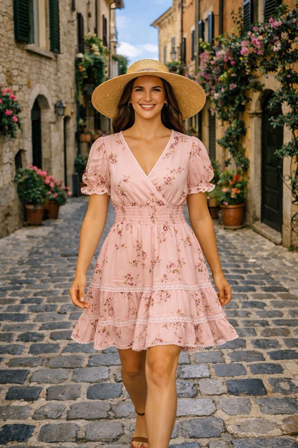 Floaty Women’s Pink Floral Chiffon V Neck Summer Swing Dress Size: 6 ( Medium)