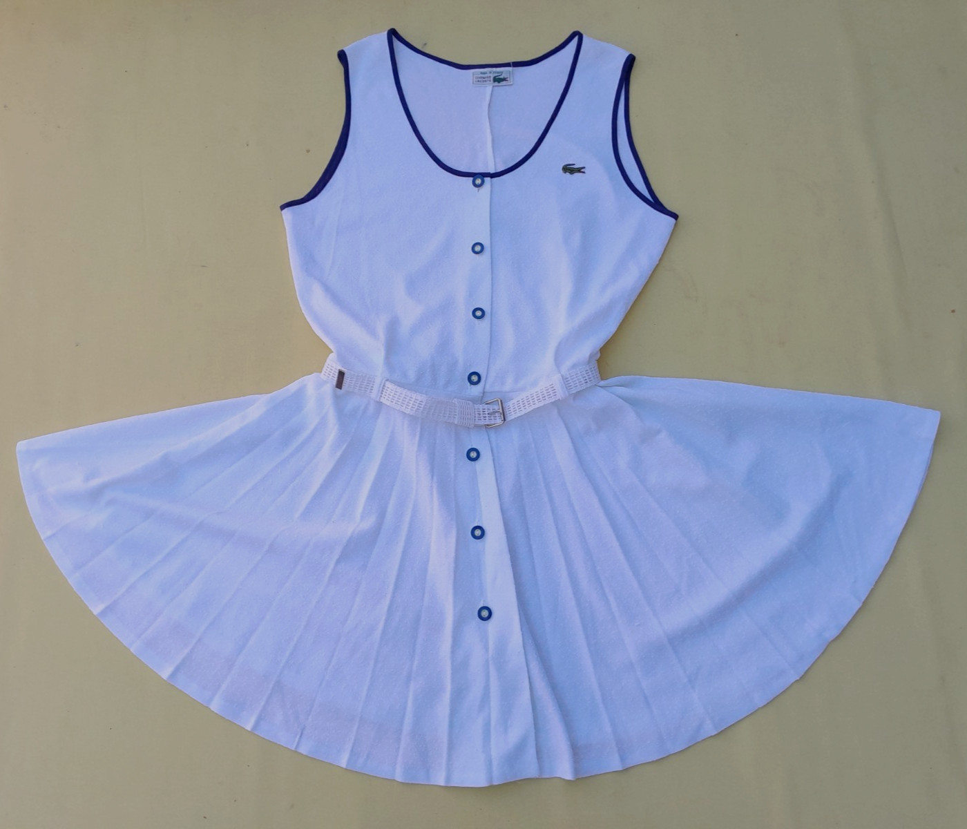Vintage Chemise Lacoste Dress Womens S M White Tennis Pleated Belted Made France