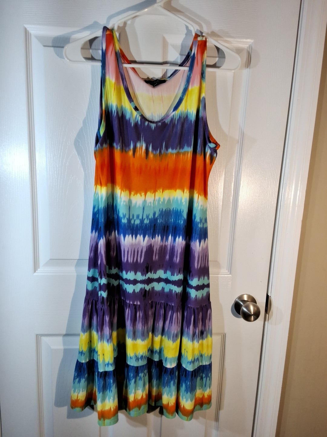 Rainbow Women’s Midi Summer Sundress A-line Tiered Ruffle Hem Sz LG