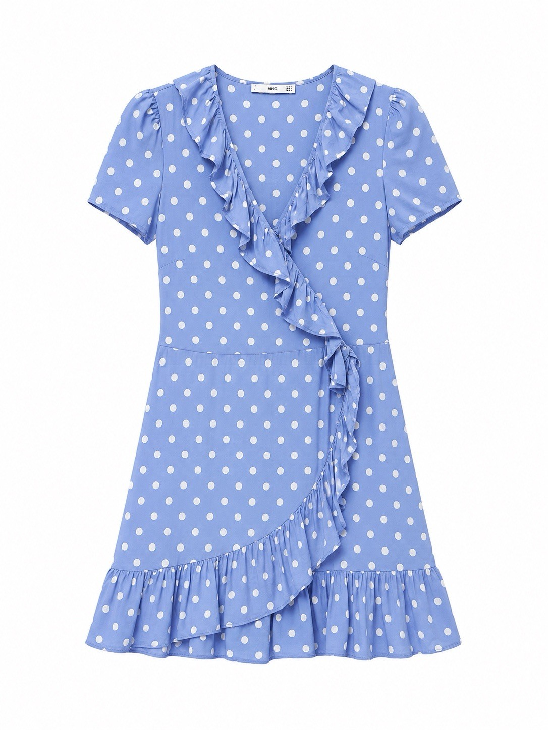 Mango Light Blue and White Polka Dot Ruffle Wrap Dress
